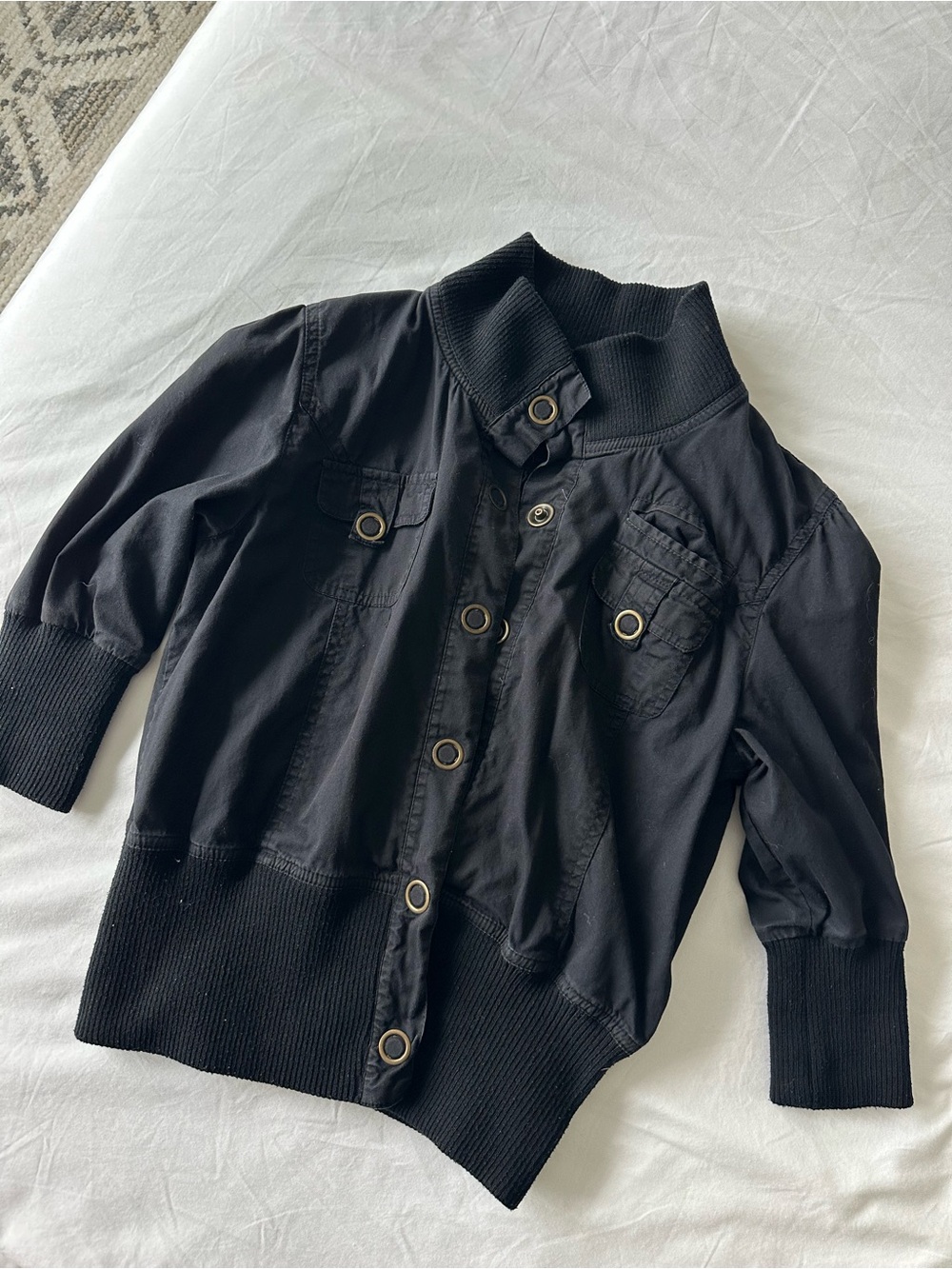 Black Women's Bomber Jacket - Slim Ribbed Hem
